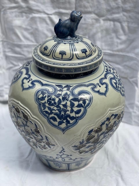 HC-009 — Large Chinese Blue-and-White Covered Porcelain Jar with Guardian-Lion Finial